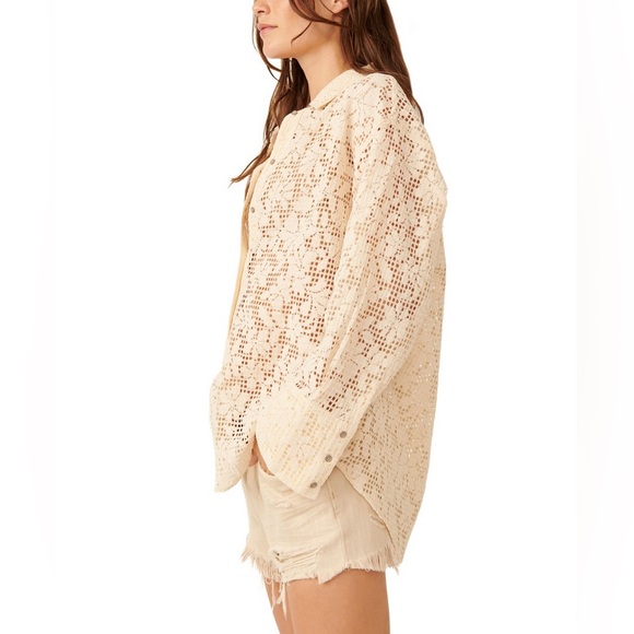 NWT Free People In Your Dreams Lace Button-Up Shirt in Tea Size Medium - Picture 7 of 10